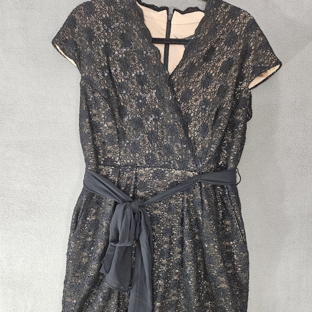 Alex Evenings Womens Petite 14P Vneck Dress Lace Coquette Belt Bow Cap Sleeve